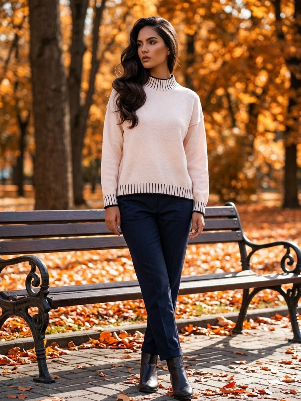 Cream Crewneck Sweater with Black Trim - Women's Sweater - Picture 15 of 15
